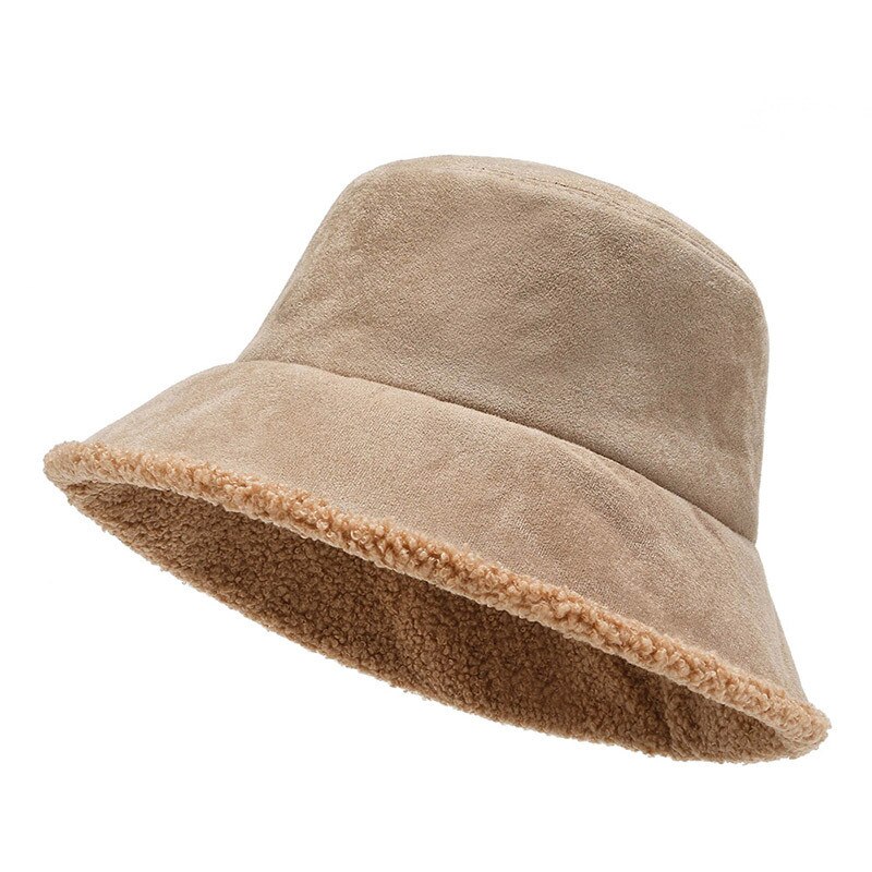 Solid fiskehætte lambwool vinter spand hat til kvinder udendørs fortykket blød varm ferie hat cap lady panama: Khaki