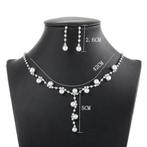 Women Rhinestone Faux Pearl Pendant Necklace Stud Earrings Jewelry Set sales: Default Title