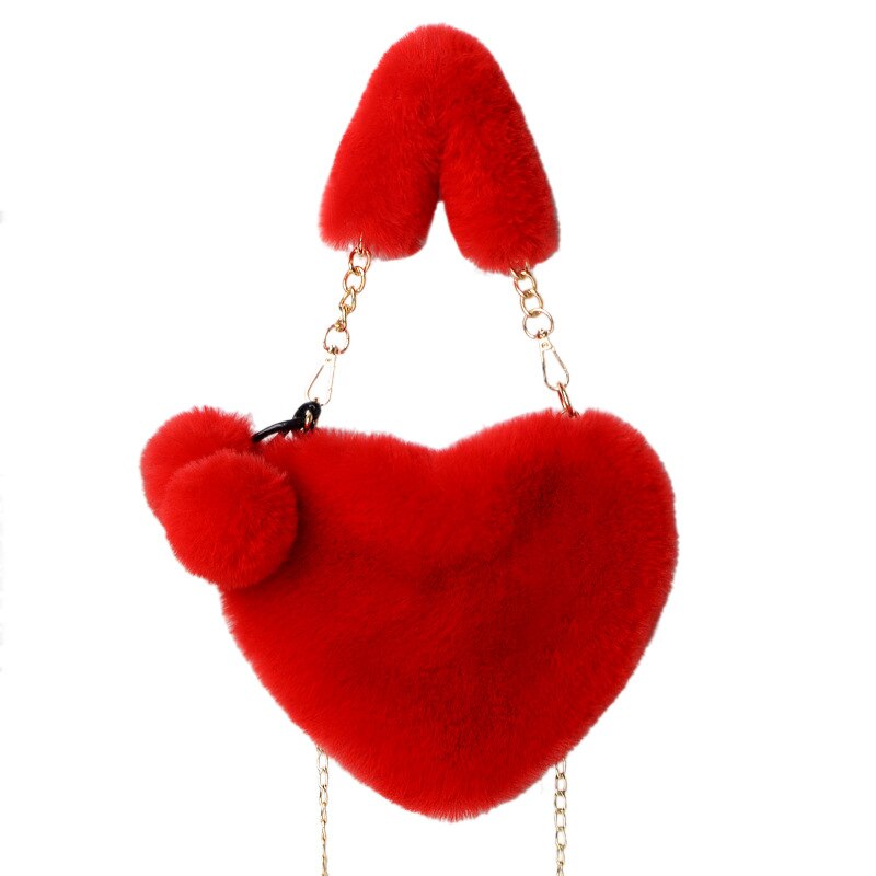 Faux Fur Women Handbags Heart Shaped Shoulder Bag Female Clutch Purse Chain Messenger Bag Plush Shoulder Crossbody Bag