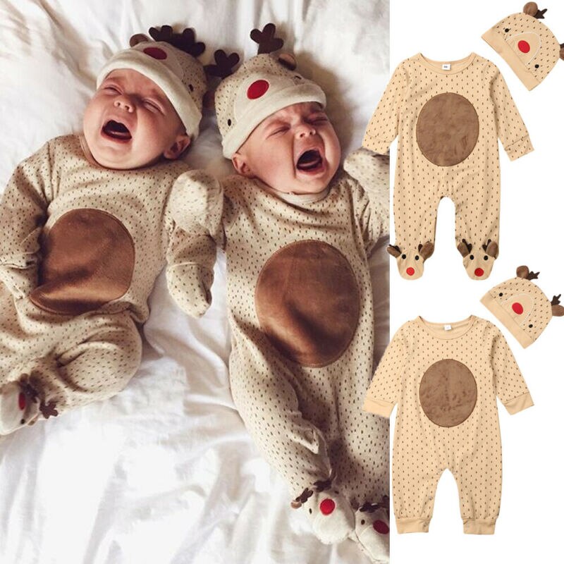 PUDCOCO Nette Neugeborene Baby Junge Mädchen Weihnachten Deer Body Overall Footies Hut Outfits Kleidung Set 0-18M