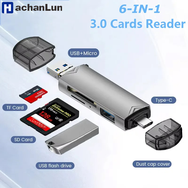 Lecteur de carte disque multifonction 6 en 1 Usb 3.0 U, Type C/Micro Usb/Tf/Sd, clé USB, adaptateur de lecture de carte mémoire, accessoires de téléphone