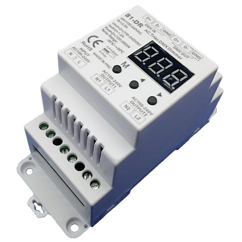 DMX512 AC Triac Dimmer S1-DR;Input 100-240VAC; Output: 2 x 1.2A 100-240VAC 2 Channel DMX512 Triac Dimmer Track Type