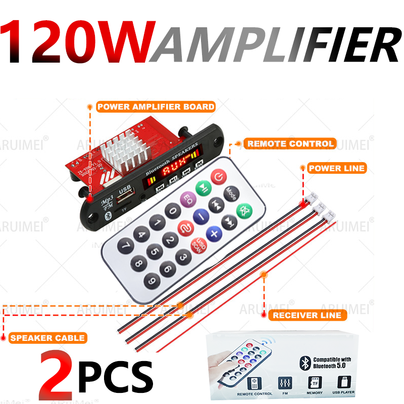 120w diy casa amplificador digital mp3 placa decodificadora 12v 24v 60w potência de áudio bluetooth fm para música subwoofer alto-falante com controle remoto: Preto