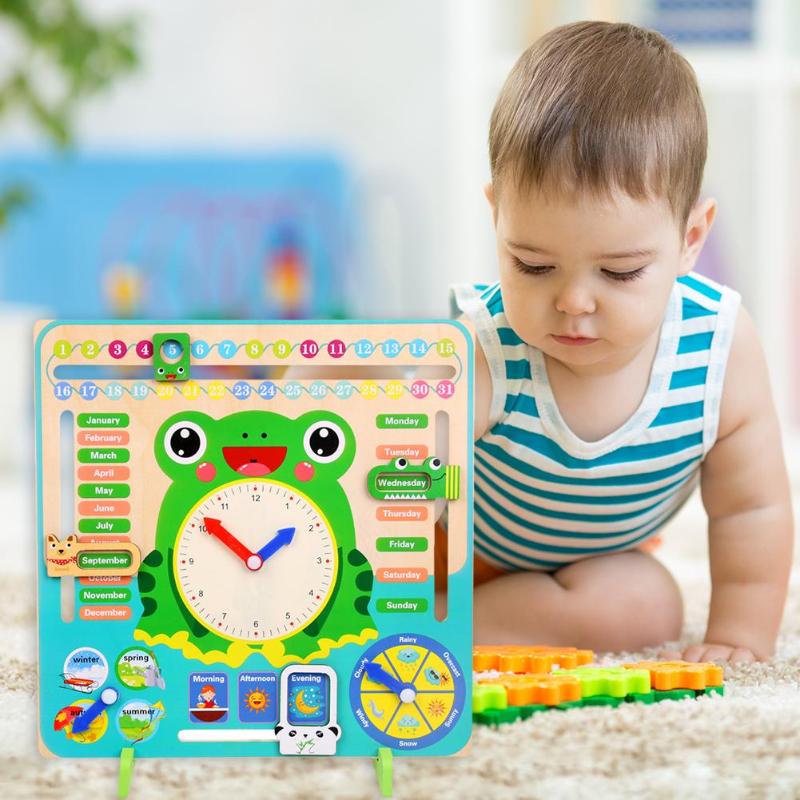 Cartone animato Rana Data Quattro Stagioni di Legno Calendario Orologio Per Bambini Per Bambini Cognitive Toy