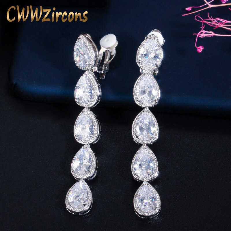 CWWZircons Non Piercing Ear Long Dangle CZ Crystal Clip On Earrings No Pierced Women Wedding Party Costume Jewelry CZ713