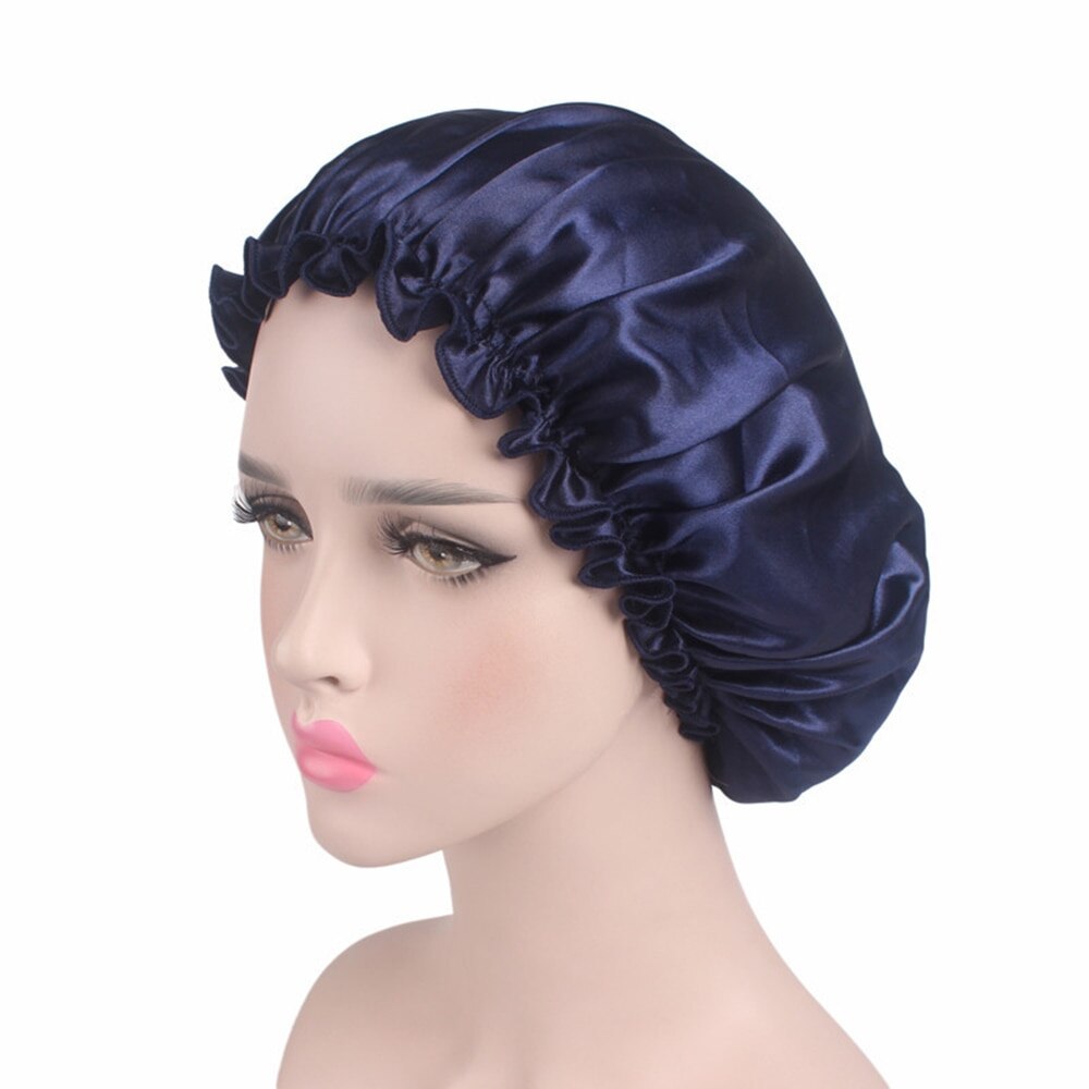 Elastic 58cm Women Shower Cap Satin Night Sleep Cap Shower Cap Hair Bonnet Hat Silk Head Cover Wide Elastic Band: Navy