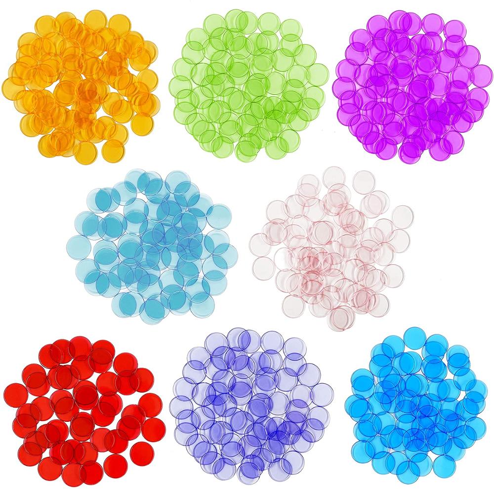 500 Transparent 8 Color Clear Bingo Counting Chip Plastic Markers (Each Measures 3/4 inch in Diameter)