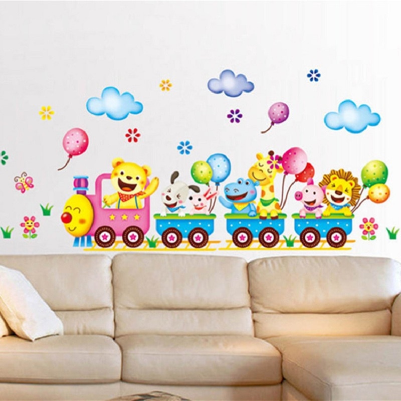 Cartoon dier trein ballon kinderkamer kleuterschool decoratie muurstickers achtergrond muur stickers