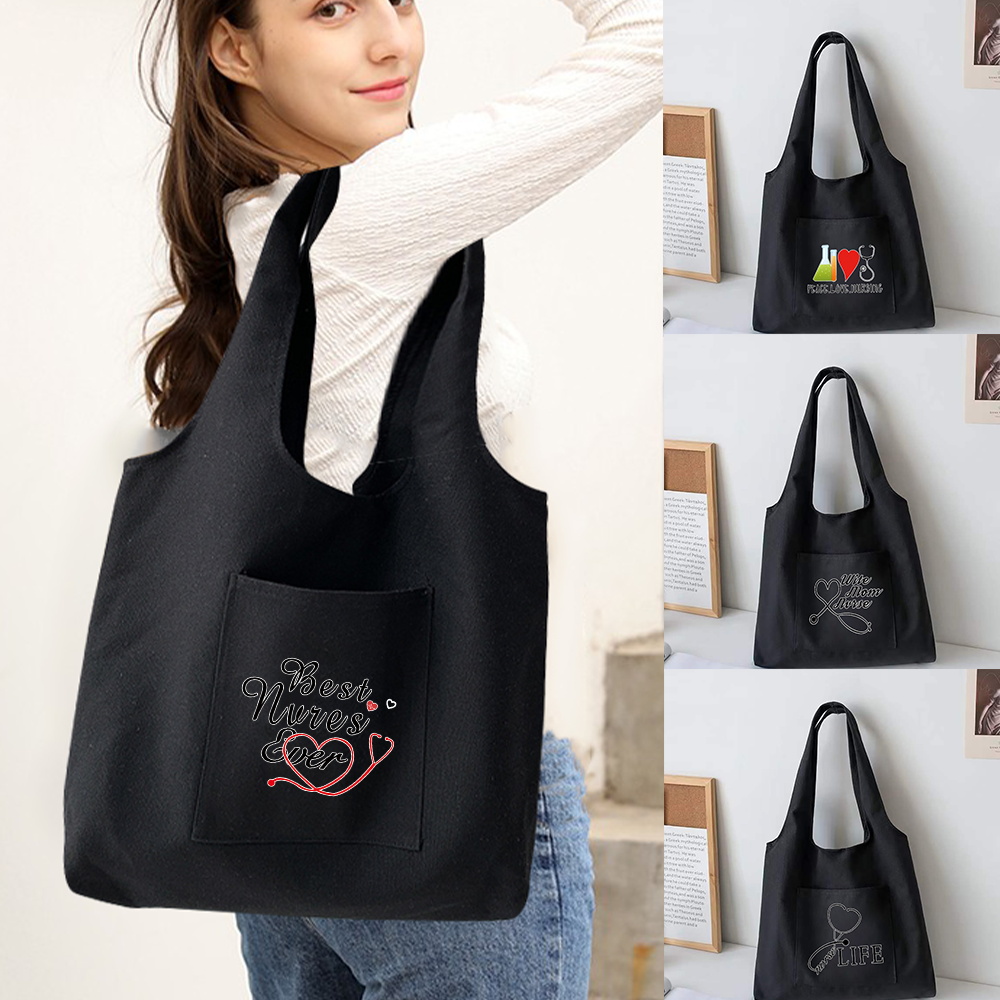 Ladies Shopping Tote Bag Reusable Shopper Organizer Casual Canvas Large Capacity Foldable Nurse Printed Shoulder Bag Handbag