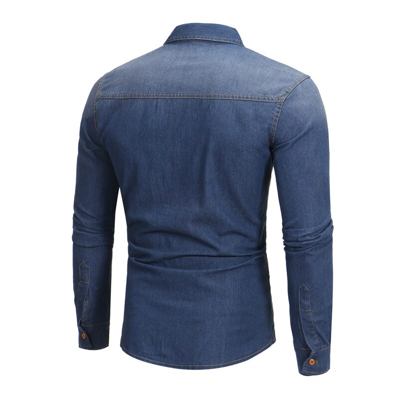 Jeansskjorta herr vår höst långärmad herr fritidsklänning jeanskjortor slim fit camisa masculina klassisk blå jeansskjorta
