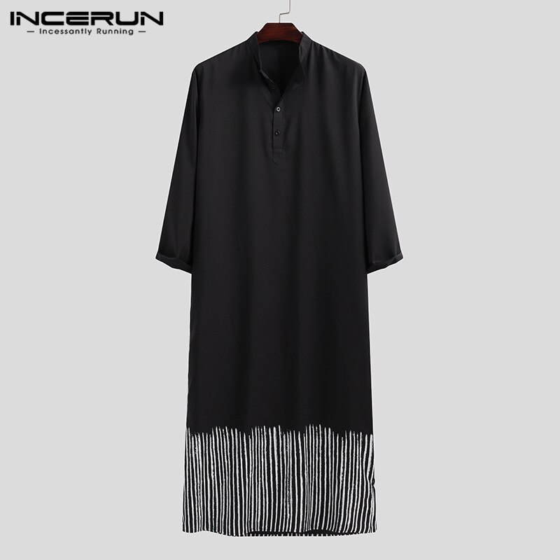 Incerun heren islamitische jubba thobe gestreepte bedrukte lange mouwen casual gewaden dubai islamitische arabische kaftan midden-oosten herenkleding