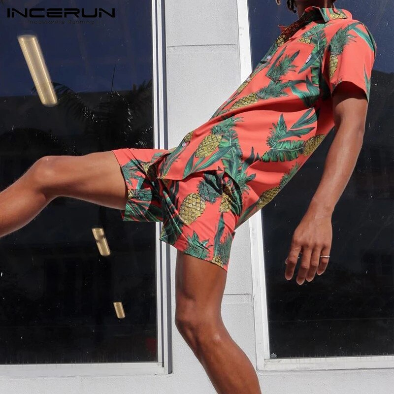 Incerun conjunto masculino de verão, estampado com manga curta na lapela, praia de 2020, camisa para férias, shorts casuais, havaiano, 2 peças, streetwear