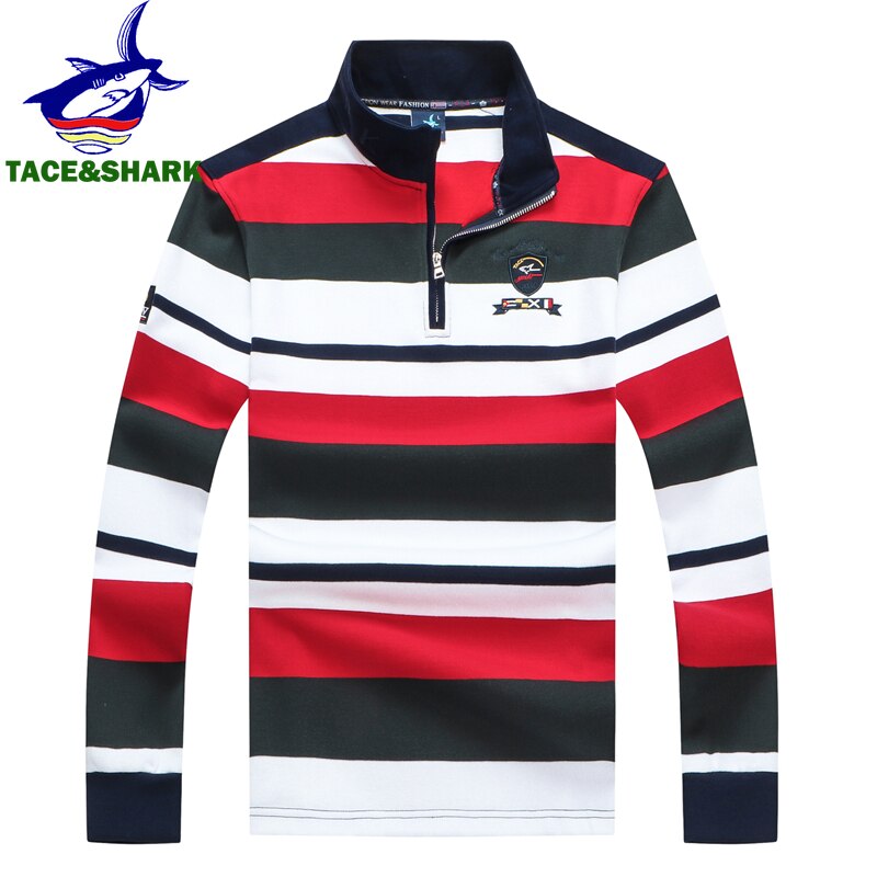 TACE&amp;SHARK Brand Business Polo Stripes Embroidery Long Sleeve Polo Shark Tops Casual Fashion Men Autumn Slim Yellow Red Clothes