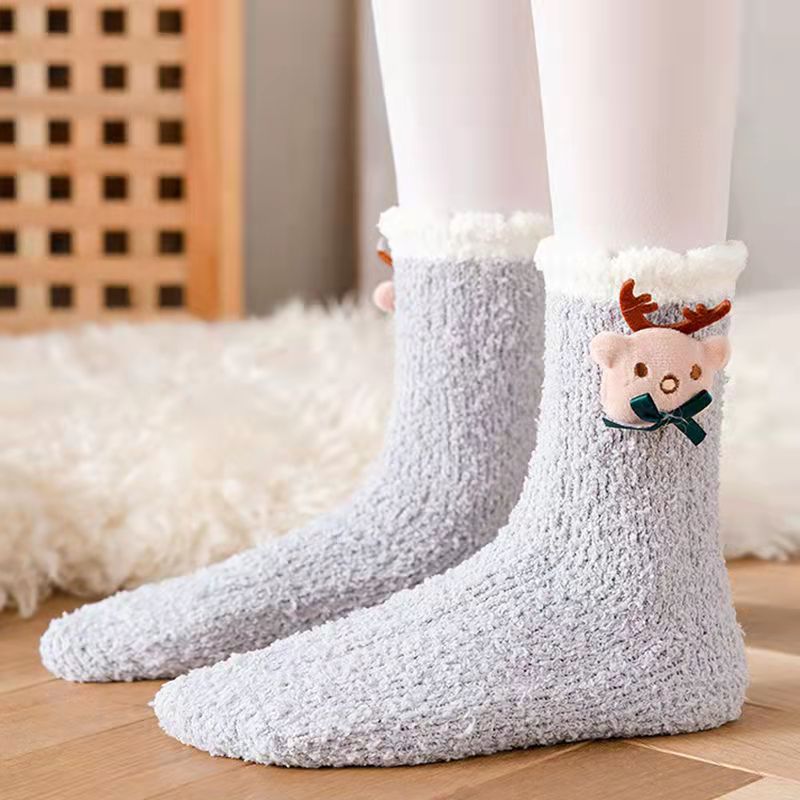 Coral Fleece Women Socks Bow rabbit Bear Candy Winter Thickening Cute Mid-tube Sock Ladies Home Bed Floor Slipper Sox