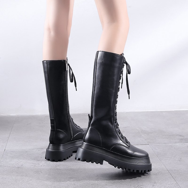 Bottes mi-mollet bottes femmes plate-forme noir PU croisé à lacets mi-mollet printemps automne bottes grande taille 35-40 V252