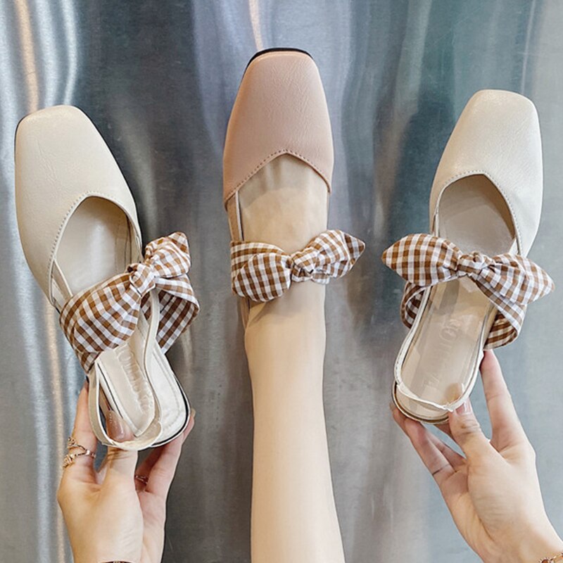 Fairy Tale Plaid Bow Tie Slingback Women Sandals Covered Toe High Heel Shoes Women Slip on Square Toe Sandals
