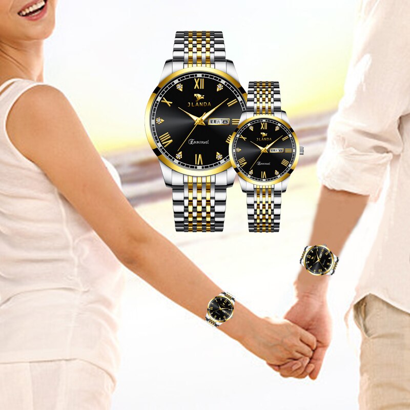 Reloj de lujo para parejas, relojes de pulsera de cuarzo dorados de , de acero inoxidable, analógicos, para mujeres y hombres