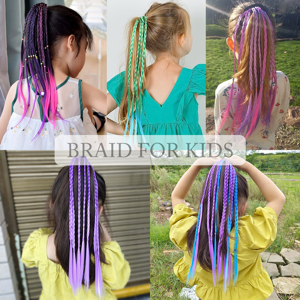 Extensiones de cabello con trenzas coloridas sintéticas con bandas de goma, coleta trenzada de arcoíris, accesorios para el cabello para niñas