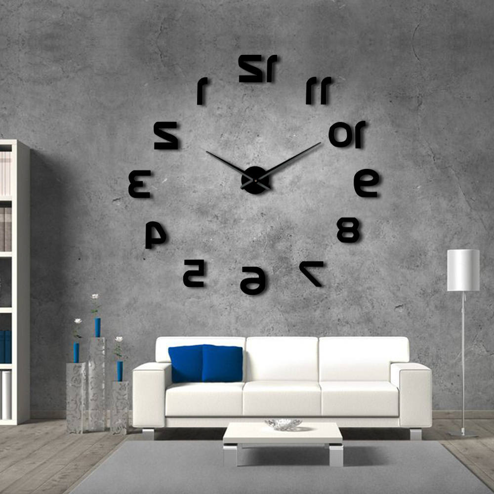 Achterwaarts 3D DIY Grote Wandklok Moderne Reverse Nummers Frameloze Tijd Horloge Luxe Spiegel Effect Grote Naald Omgekeerde Klok