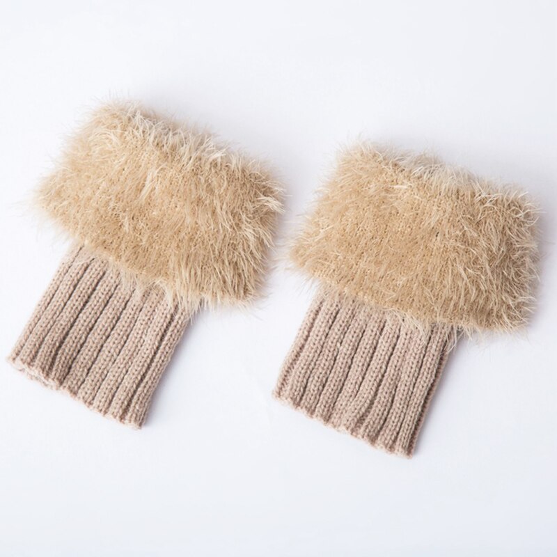 Womens Winter Warm Crochet Knit Fur Trim Leg Warmers Cuffs Toppers Boot Socks Women's Ankle Socks Legs Warmers Shoes Set: Beige