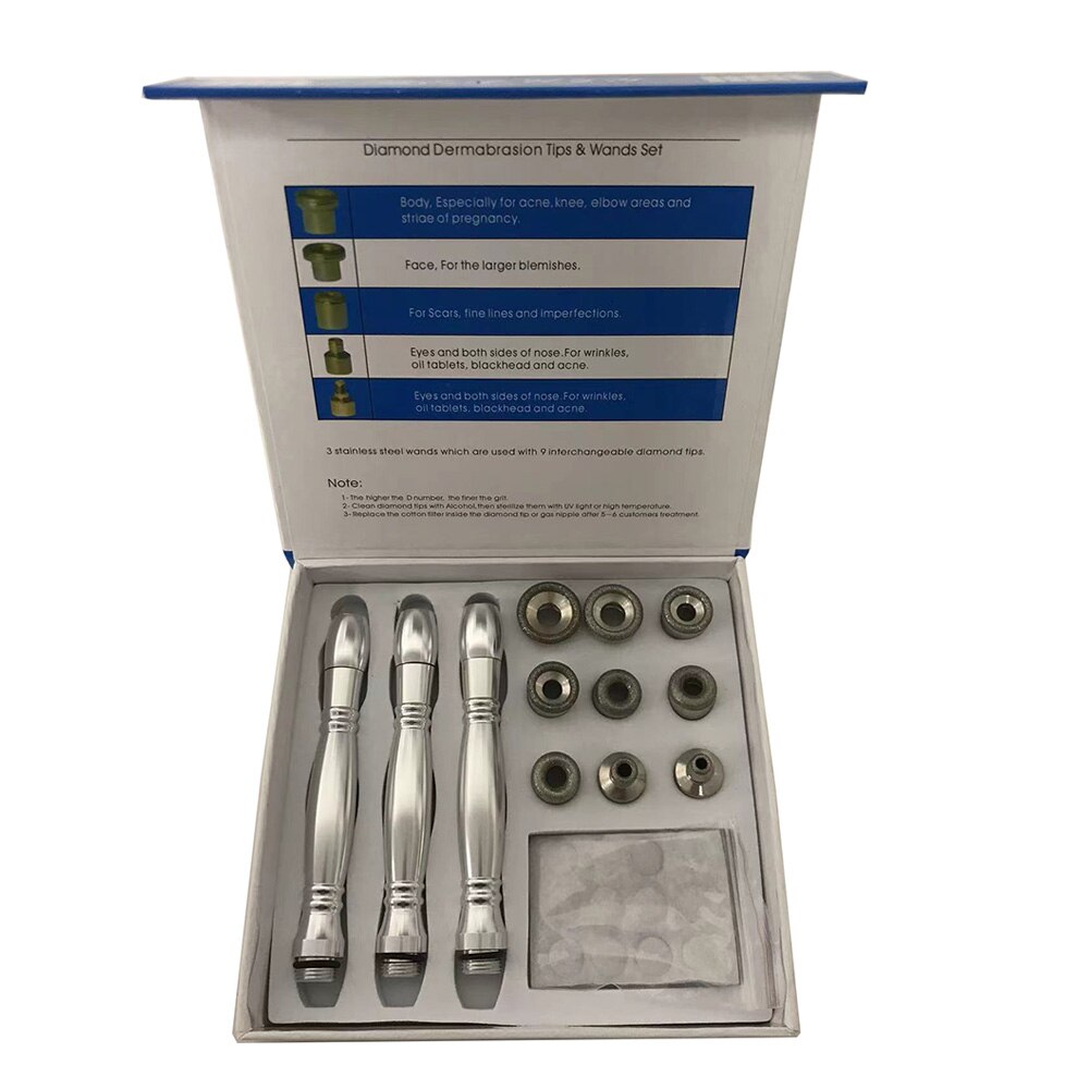 Diamond microdermabrasion 9 tips3 wands dermabrasion tip for facial skin peeling blackhead remover face care salon beauty: Pack with box