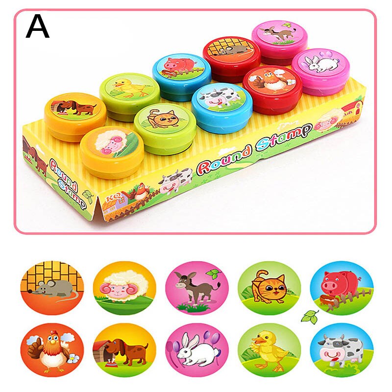 Set de 10 sellos de dibujos animados para niños, sellos de animales, frutas, tráfico, sonrisa, sello para álbum de recortes: A