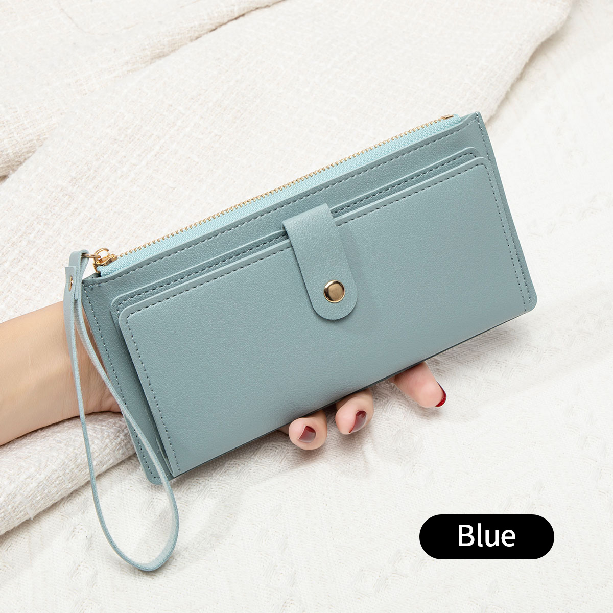 Ultra thin mini PU leather coin purse simple women's long card bag multifunctional handheld credit card holder women's wallet: Blue