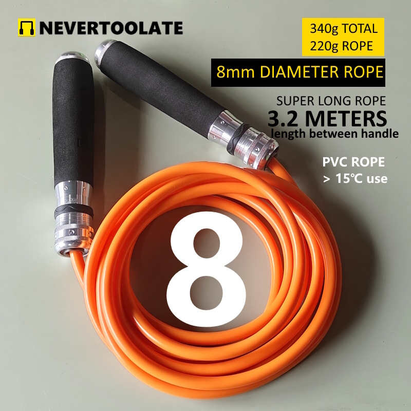 Corde à sauter lourde en PVC de 8mm d'épaisseur, 340 grammes, super longue, 3.2 mètres pour personnes hautes, poignée avec roulement à billes, fitness HIIT: WHITE