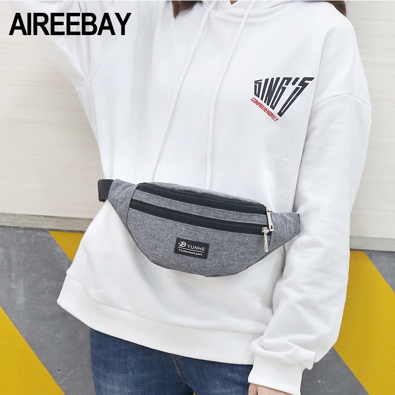 AIREEBAY Waist Bag Women Three Zipper Pocket Chest Handbag Unisex Fanny Pack Ladies Waist Pack Belly Bags Purse