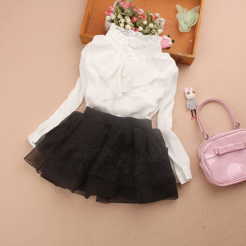 nueva ropa de primavera otoño para niños algodón cuello alto camisa de manga larga blanca encaje decoración blusas para niñas AA1589
