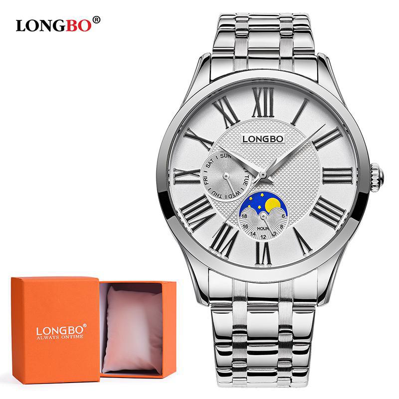 Longbo Quarzuhr Liebhaber Uhren Frauen Männer Paar Analog Voller Edelstahl Geschäft Armbanduhren lässig Gold 1/stücke: Weiß Mann Geschenk Kasten