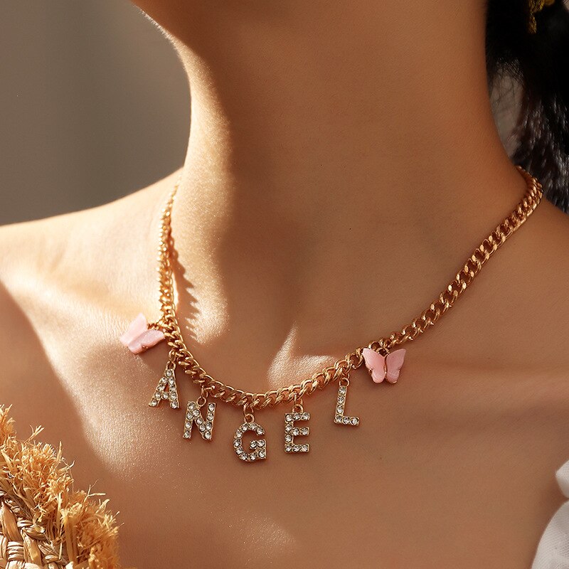 Leuke Vlinder Choker Ketting Voor Vrouwen Meisjes Baby Honing Angel Crystal Letters Hanger Ketting Kraag Ketting Trendy Sieraden