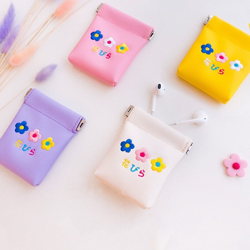 Milkjoy Flower Embroidery Cute Coin Purse Bentoy Airpods Headphone Bag Leather Mini Storage Case For Women