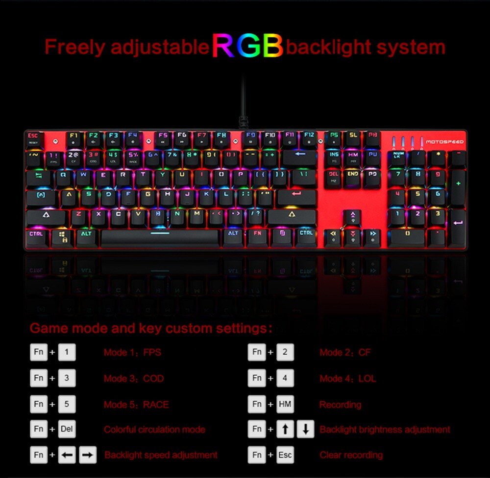 Motospeed-Teclado mecánico para videojuegos CK104, 104 teclas, interruptor azul, ruso, inglés, rojo, con cable de Metal, retroiluminado con LED, RGB, tableta de escritorio