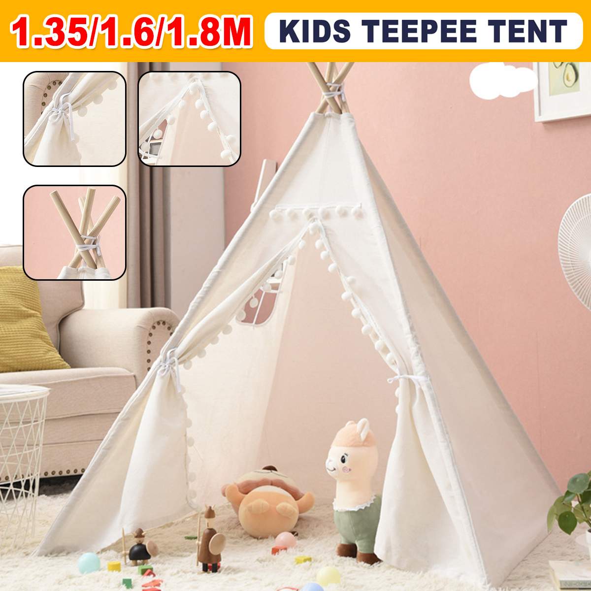 1.35M/1.6M /1.8M Grote Teepee Driehoek Tent Kinderen Speelhuisje Katoenen Canvas Pretend Play Tent Decoratie spel Huis Jongen Meisjes