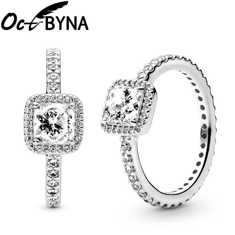 Octbyna Silver Color Square Crystal Charm Rings Engagement Wedding Brand Ring For Female Jewellery