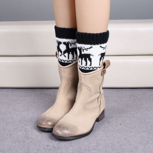 Kvinder varm vinter hæklede støvler manchetter elg strikkede toppers boot sokker benvarmer tegneserie print bomuld