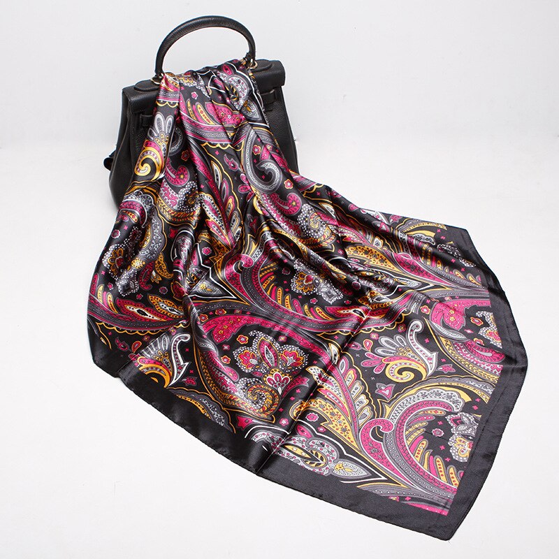 Paisley print sjaals en omslagdoeken dames haarsjaal halsdoek zijden satijnen hijab sjaals dames 90*90cm bandana hoofddoeken: Zwart
