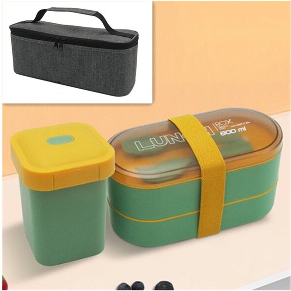 800ml Double Layer Lunch Box With Soup Cup Healthy Material Bento Boxes Microwave Food Storage Container Lunchbox: Green Set
