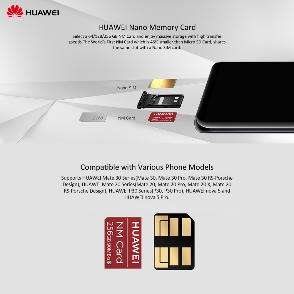 Karta pamięci Huawei Nano 64GB/128GB/256GB karta 90 MB/s NM dla kumpel 30 zawodowiec kumpel 30 RS P30 zawodowiec P30 kumpel 20 zawodowiec 20 X RS Nova 5 zawodowiec