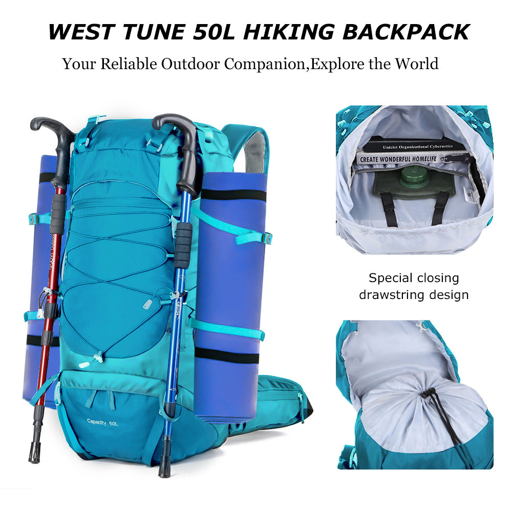 WESTTUNE 50L Wanderrucksack mit Regenschutz, multifunktionale Bergsteigertasche, Outdoor-Rucksack für Reisen, Trekking, Camping