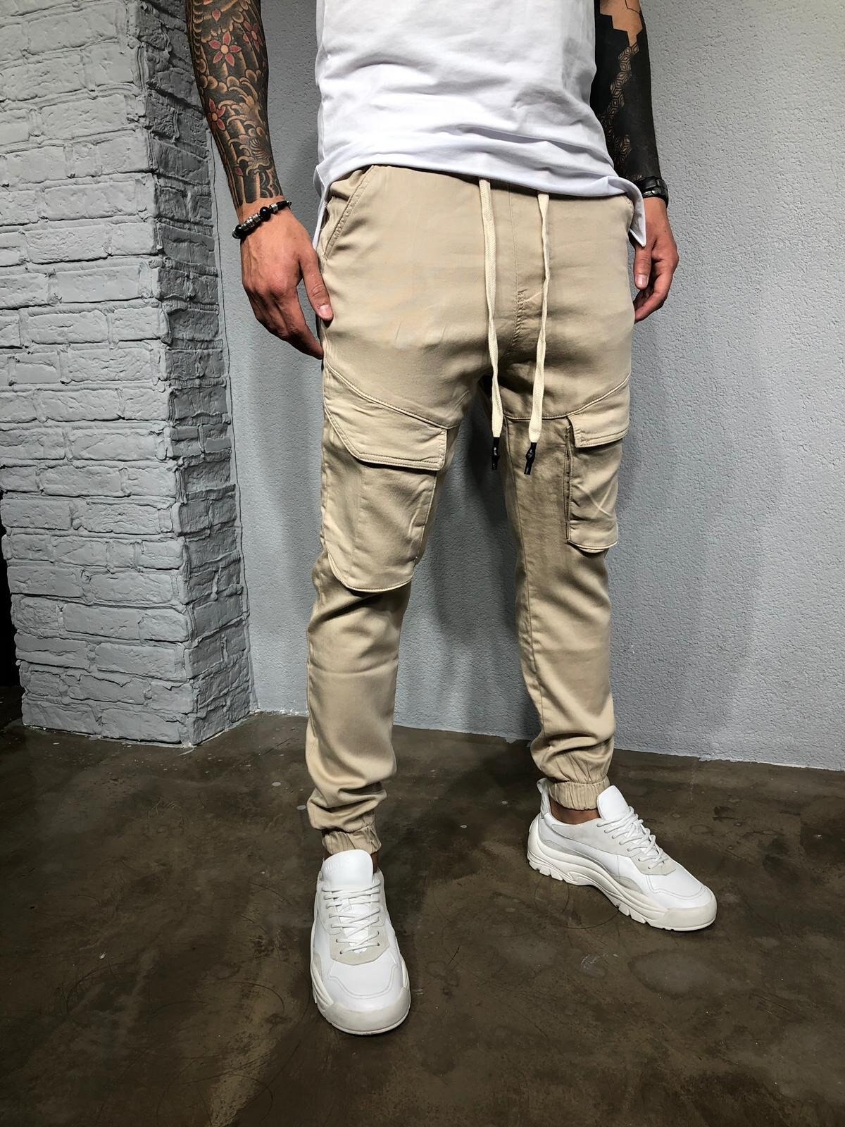 Mannen Mode Slim Fit Gymnastiek Broek Casual Sport Broek Mannen Mens Jogging Broek Multi-Pocket Atletische broek: cream-coloured / Xxxl