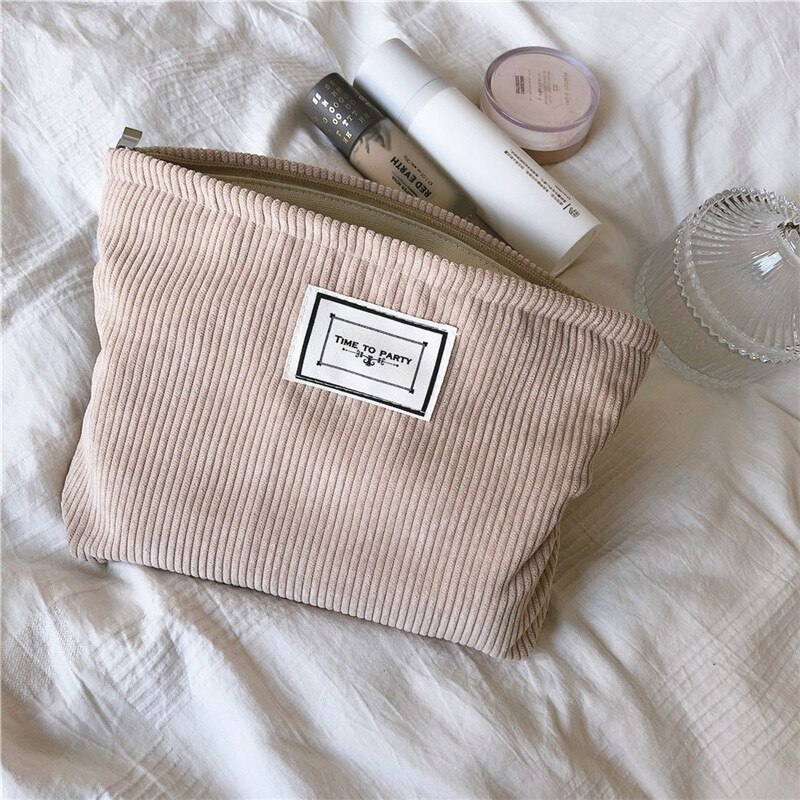 PURDORED-Bolsa de maquillaje pana suave para mujer, neceser grande de Color sólido, organizador de almacenamiento de maquillaje de viaje, funda de belleza para chica, 1 ud.: beige