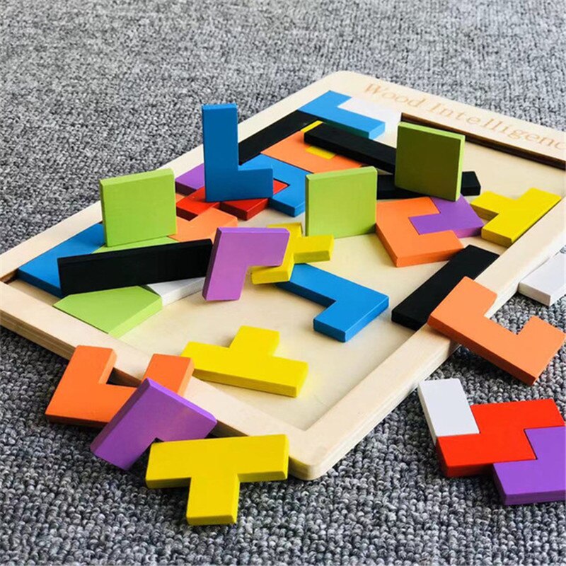 3D Puzzle Wooden Tangram Jigsaw Brain Tetris Game Puzzle Bloacks Preschool Children Play Training Educational Toys