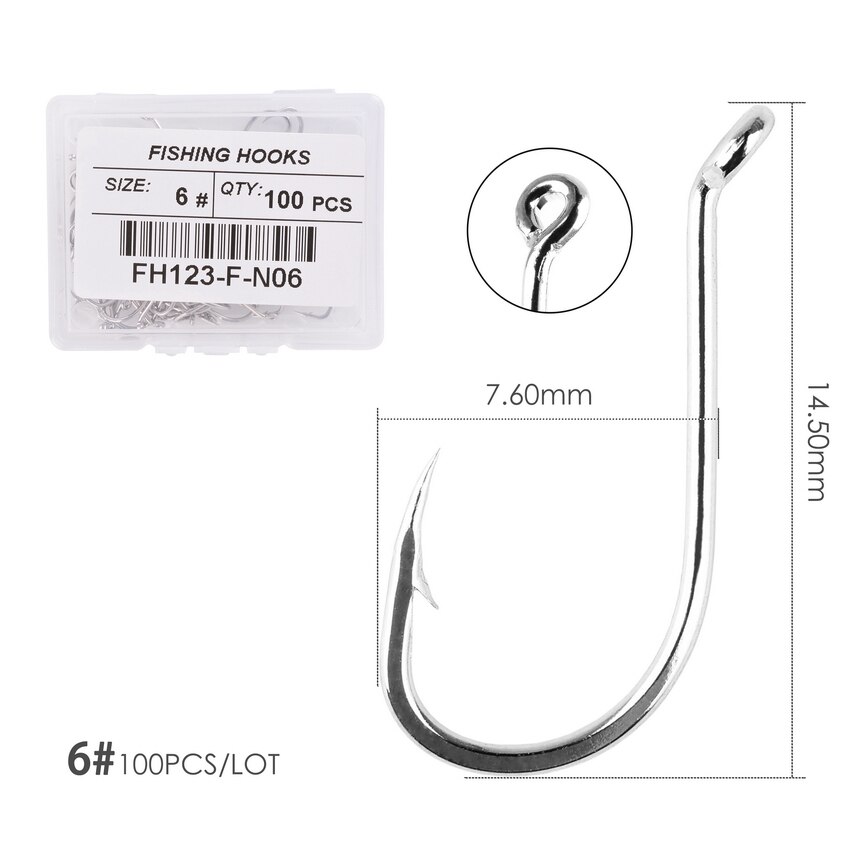 100pcs/ Box Octopus Fishing Hooks High Carbon Chmical Sharpen Barbed Circle Hook Tackle Set 5C Point Hardness Supplier Fishhooks: Size 6