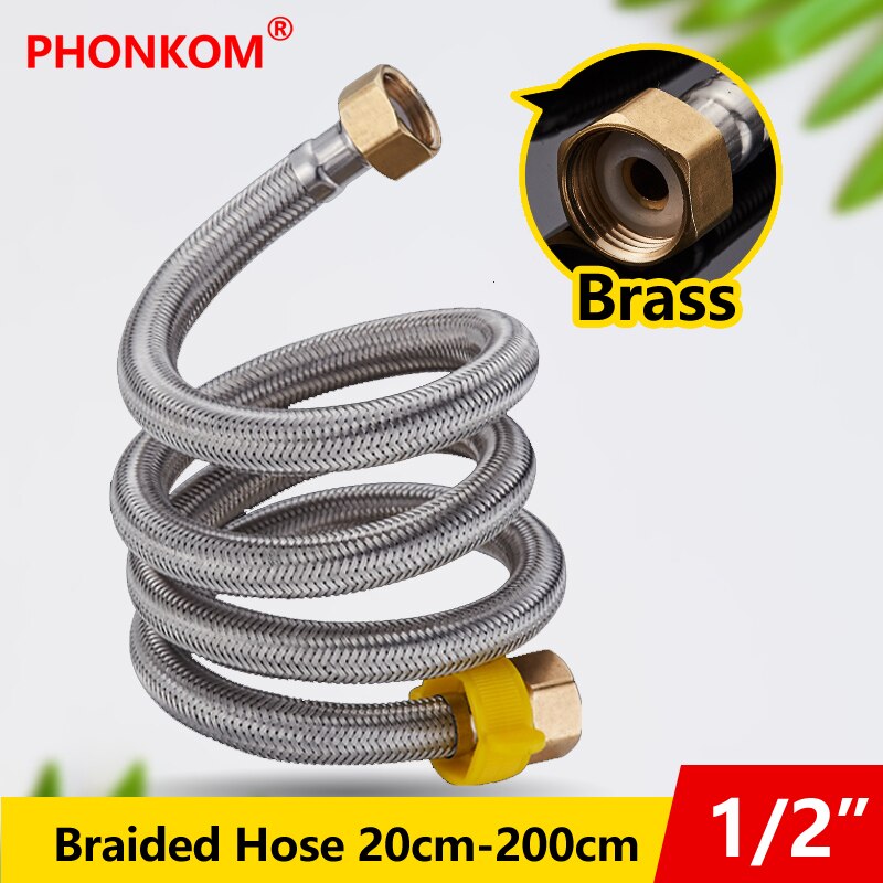 PHONKOM Braided Hose DN15 G1/2&quot; Brass Fittings Thread Stainless Steel Inlet Tube Metal Connection Flexible Pipe Bathroom Heater