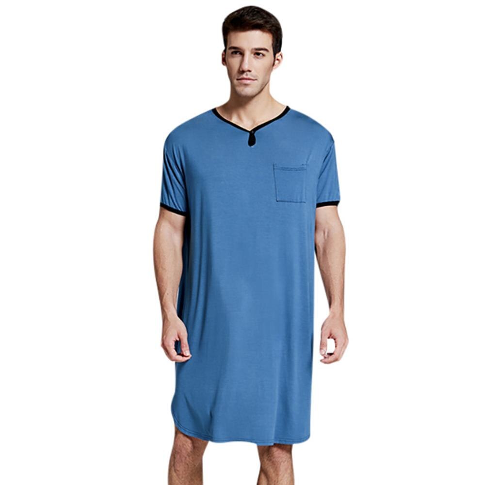 Summer Thin Sleep Tops Men Breathable Lengthened O-neck Soft Sleepwear Solid Color Short Sleeve Comfortable Home Service: Blue / XXXL