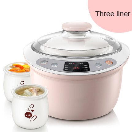 DMWD Intelligent Slow Cookers Electric timing Food Steamer 3 Liner 1.8L Ceramic multifunctional Water Stewing soup Porridge pots: Three liner