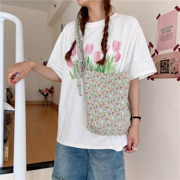 Small Floral Women Messenger Bags All-match Cotton Cloth Ladies Reusable Shopping Handbags Lovely Girls Korean Shoulder Bag