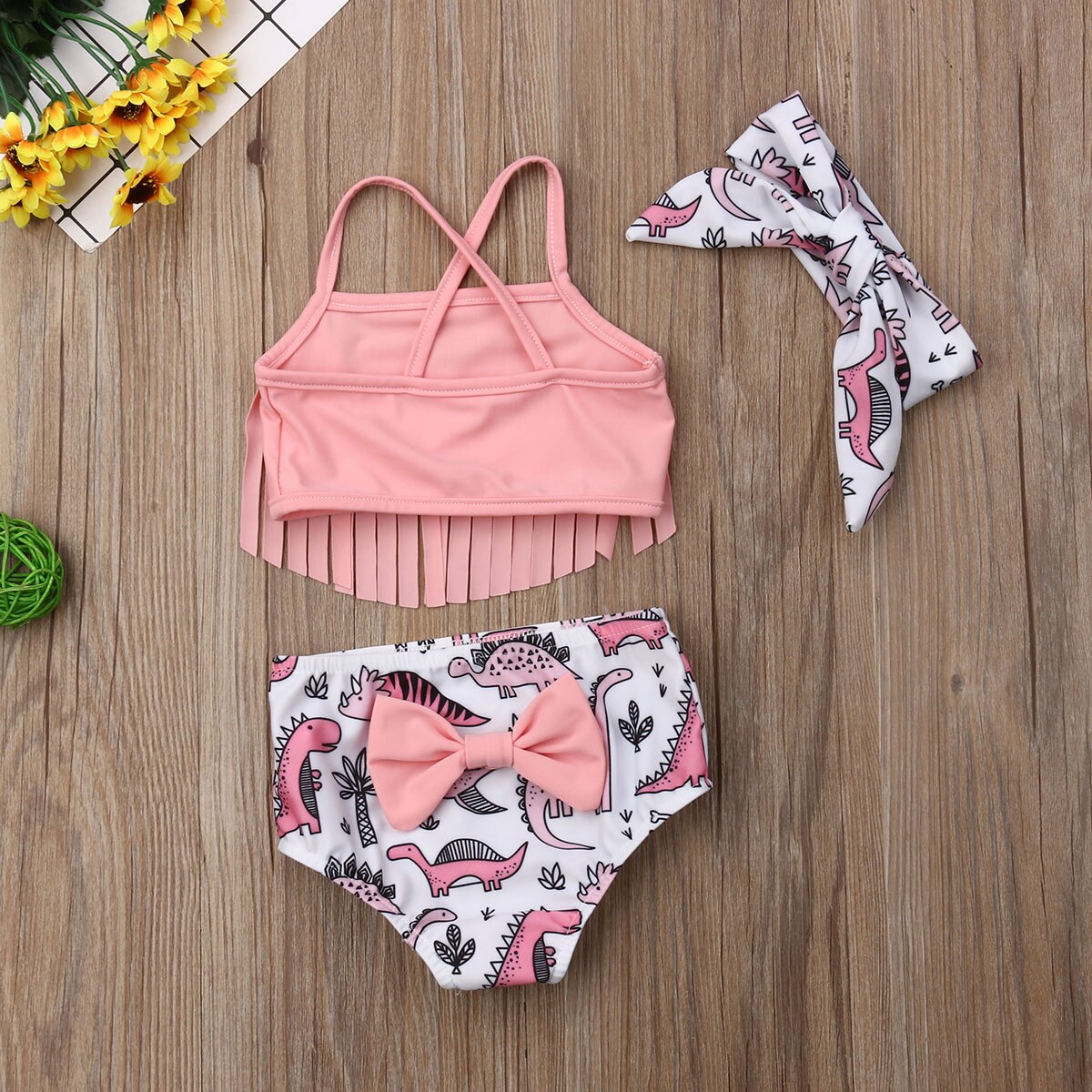 Baby Badeanzug Neue Sommer freundlicher Mädchen Quaste Gurt Spitzen Dinosaurier Unterseite Stirnband 3 Stck Bademode Beachwear-badeanzug 0 -24 M